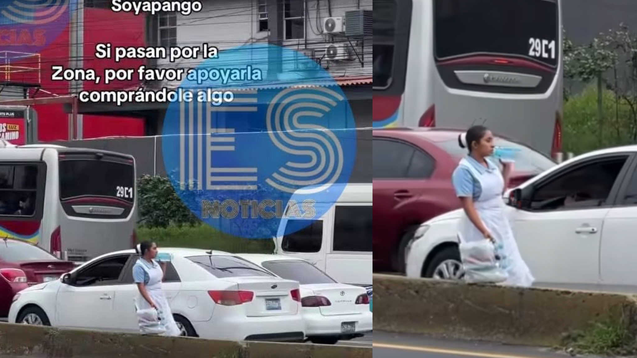 Una joven con uniforme de enfermera y botellas de agua, construye su futuro.